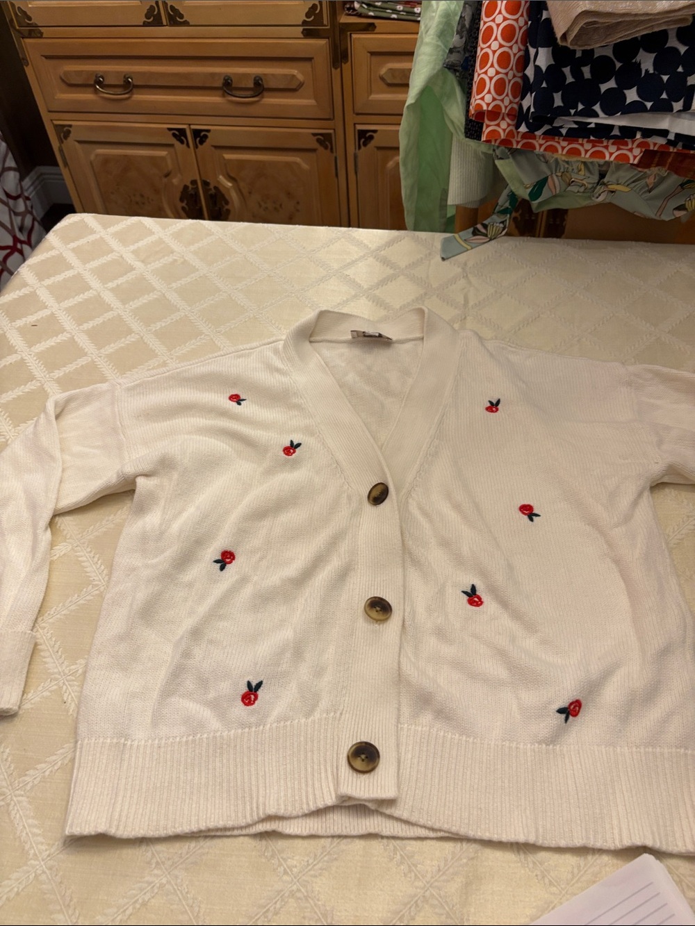 Loft cream cardigan with red cherry embroidery